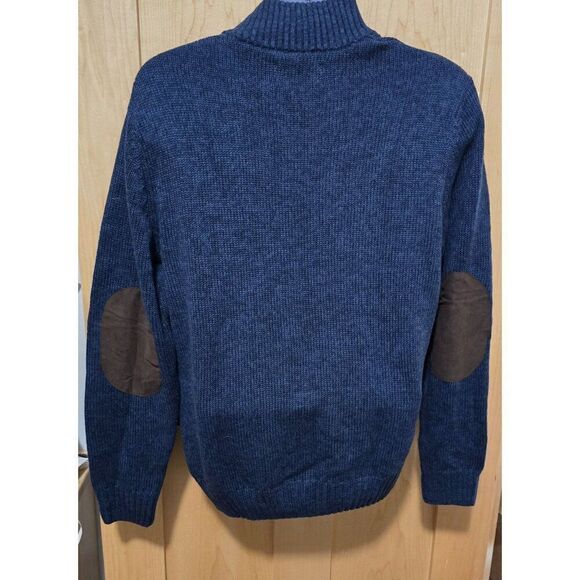 Chaps Navy Blue Mens Pullover Sweater W/ Brown Suede Elbow Patches Button Collar - Picture 3 of 8